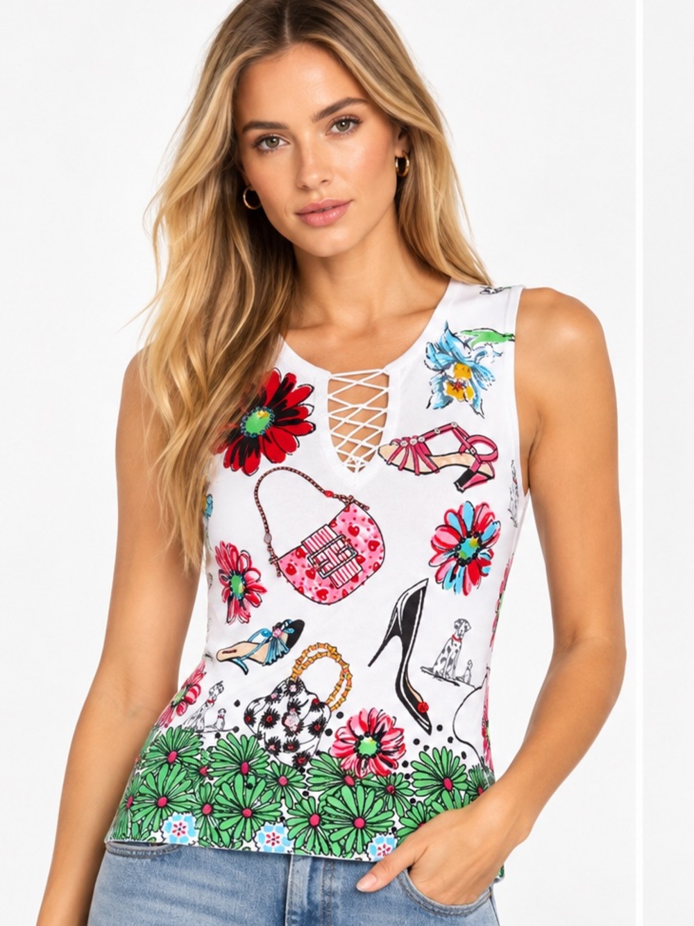 CARTISE Embellished Novelty Print Sleeveless Top Size Small